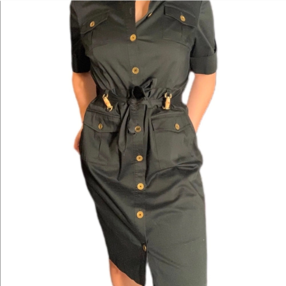 NEW Jones NewYork Petite Button Up Sheath Back  Dress w Tie Waist Bamboo Buckle.